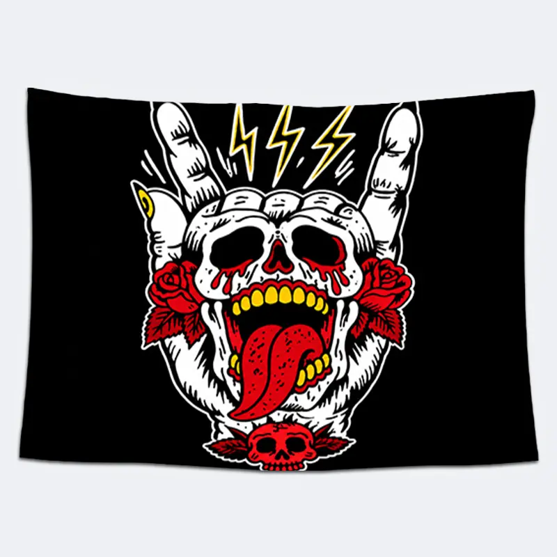Rock Hand Skull Tapestry, Gothic Punk Decorative Tapestry with Red Roses and Lightning, Bold Tattoo Style Fabric Wall Hanging, Dark Alternative Wall Decor for Bedroom, Gaming Room and Music Room