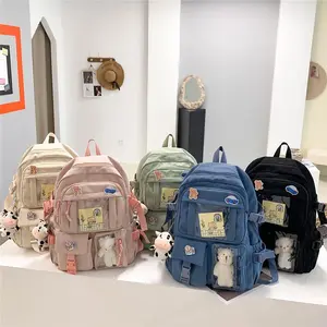 Cute Cartoon Oxford Cloth Backpack Multipocket School Bag with Transparent Window Pocket, Free Plush Pendant  Decorative Fashion Casual Travel outdoor Daypack