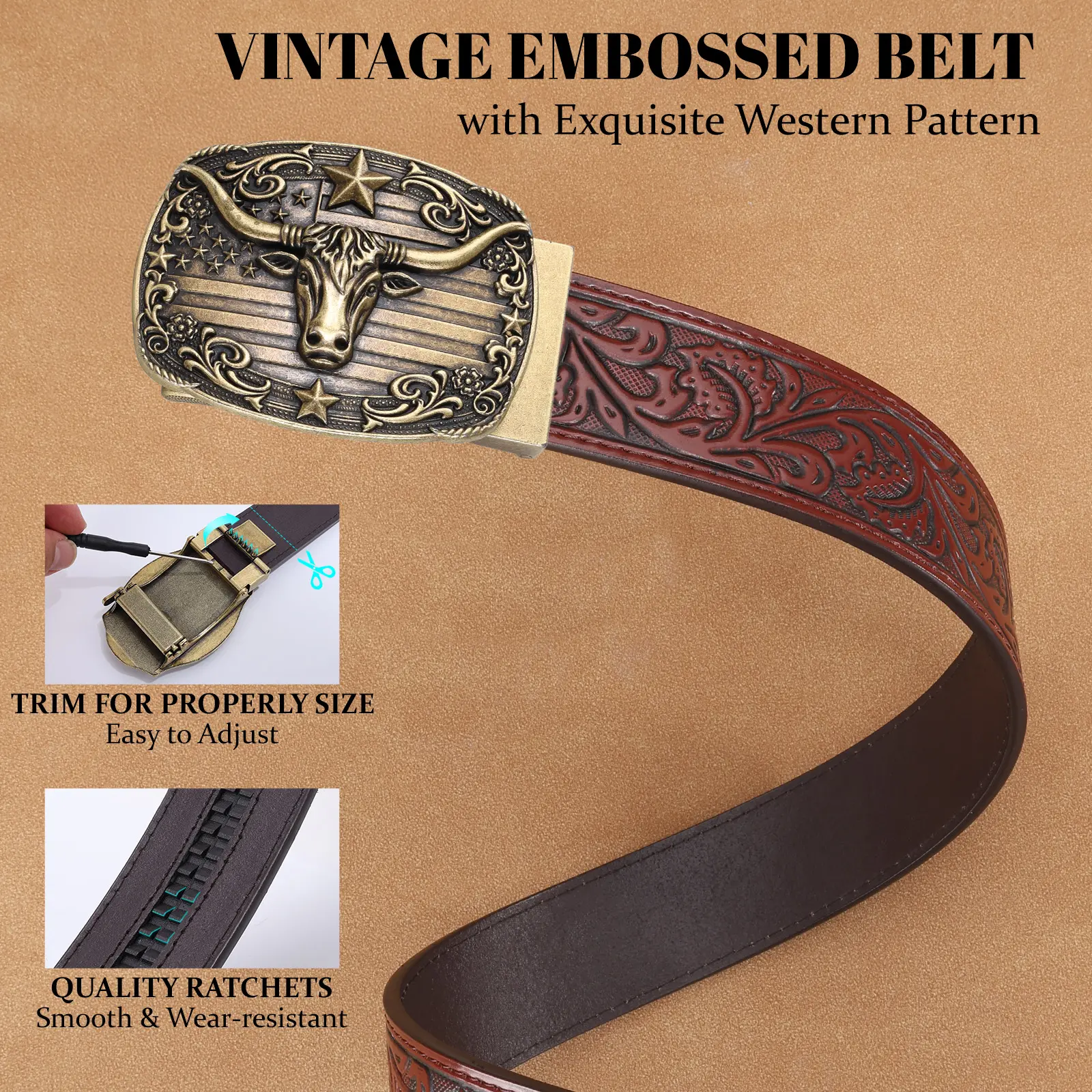 Western Cowboy Ratchet Belt with Automatic Buckle for Men Women BELTROAD Automatic Ratchet Western Belt Mens Cowboy Belts  main image 3