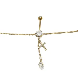 Belly Chain Button Navel Ring Surgical Steel Gold Plated Waist Belly Chain with Dangle Teardrop & CZ Cross Chain 14 Gauge