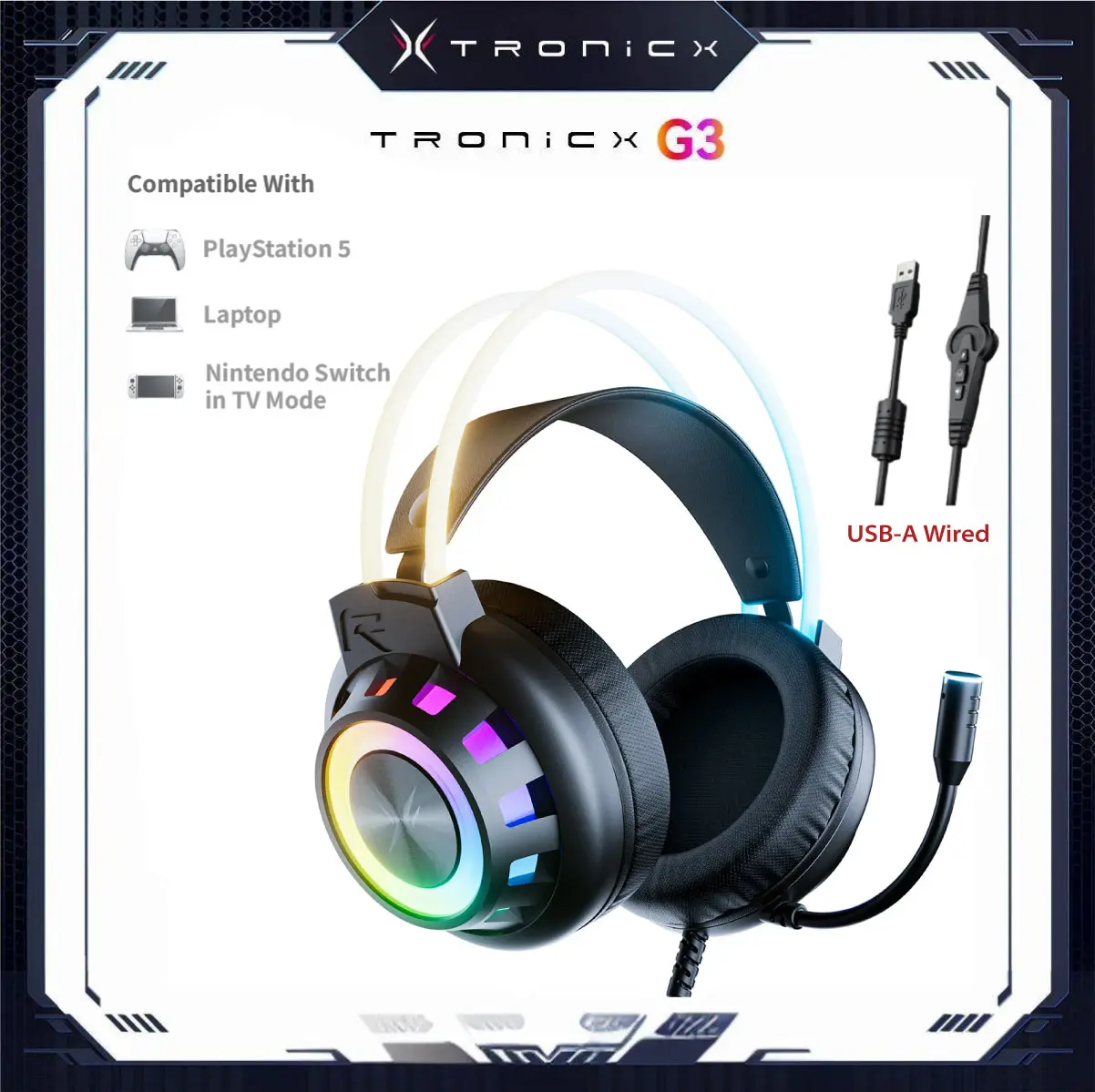 [Back to School] TAGRY TRONICX Immersive G3 Wired PC Gaming RGB Lighting Headset Gamer Gifts for him with 50mm Driver, Noise Cancelling Mic, USB-A with 7.1 Surround Sound, Control Box for PC/PS5 Console/Switch Dock Mode Gaming Console