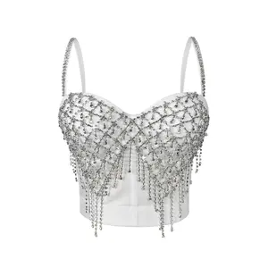 Tube Top Short Handmade Stitched Rhinestone Tassel Glisten Corset Woman Bra Blusas Clothing Sling Fishbone Wedding Party Blind Date Stage Party Shaper Ladies Crop Shirt Vest Sexy Clothes Tank Tops