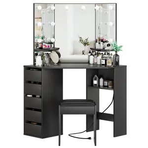 Corner Vanity Desk with Mirror & Adjustable LED Lights, Built-in Power Outlet, 5 Drawers & Storage Shelves, Matching Vanity Stool, Spacious Makeup Dressing Table for Girls & Women, Modern Bedroom Vanity Set