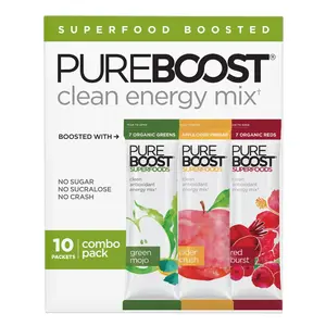 Pureboost Superfoods Clean Energy Booster, Energy Drink Mix with Apple Cider Vinegar, 7 Organic Red or Green Superfoods. Sugar-Free, No Sucralose, Electrolytes (Combo Pack, 10 Count)