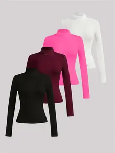 Autumn Winter Casual Fashion Medium High Neck Slim Fit Long Sleeve Solid Color Inner Layer Comfortable Commuter Top Set of 4 Pieces