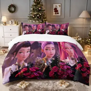 Anime Girl Bouquet Duvet Cover Set 2/3pcs With Pink Roses Design 1or2coreless Pillowcases For Girls Teens Bedroom Festival Decor