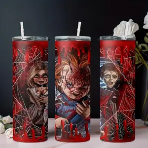 1 Piece 20oz Halloween Straight Water Bottle with Chucky Horror Movie Character Printed Stainless Steel Insulated Thermal Bag Cold Water Cup Suitable for Coffee Milk Beer Beverage (with Straw)
