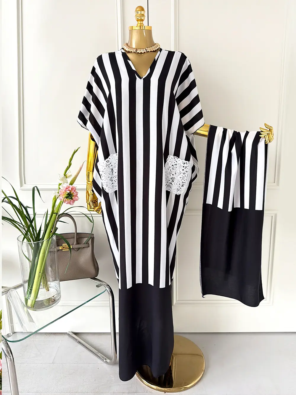 Women's Striped Print 2-Piece Loose Fit Long MooMoo Robe Set with Matching Headscarf, Breathable Lightweight Woven Clothes, Lace Pockets, Beach Party Cover Up Sun Protection Outfit