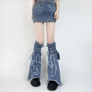 Women's 2026 New Vintage Cross-Washed Denim Strappy Flared Leg Warmers - Fashion Outfits, Halloween Streetwear, Retro Style Protective Gear for Sports & Outdoor Use