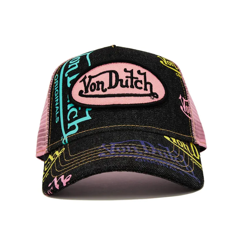 •Light it Up• New Von Dutch Pink Flame Unisex Trucker Hat Kids Light Denim Trucker Hat - Pink Logo | Von Dutch main image 3