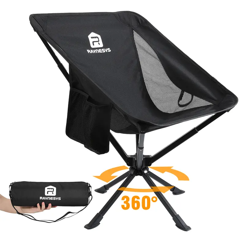 360° Swivel Aluminium Alloy Folding Camping Chair - Light, Compact, Portable Camping Furniture with Headrest, Storage Bag, Phone Pocket, Rubber Feet for Grass/Sand - Collapsible Chairs for Outdoor Hiking, Garden Party
