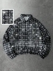 Men’s Hip Hop Style Jacket, Black and Gray Checkered Top with Crystal Rhinestones, Bold Statement Piece for Concerts and Festivals
