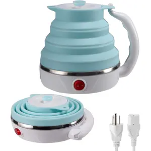 Foldable Collapsible Travel Electric Kettle Food Grade Silicone Small Pot Boiling Water Dual Voltage 600ml 110-220V US Plug Blue