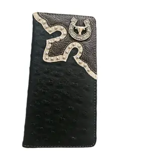 Western Long Wallet - Black with Brown and White Long Horn Concho & Detailed Design