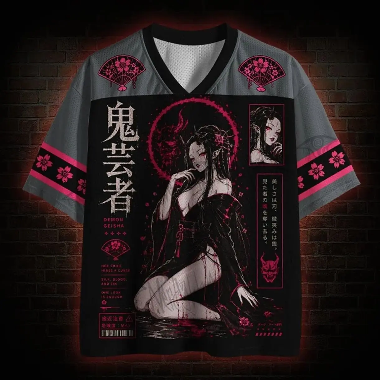 Oni Geisha Mesh Jersey → Oni Geisha Mesh Jersey, Japanese Demon Art Graphic Mesh Jersey, Oversized Baseball Style Sports Shirt, Gothic Streetwear Athletic Top 3L3