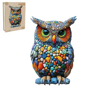 Colorful Stone Owl Wooden Jigsaw Puzzle for Adults and Kids Unique Shape Animal Wood Puzzles Challenging Puzzle, Family Game Creative Gifts，Laser-Cut Durable HDF Wood Puzzle