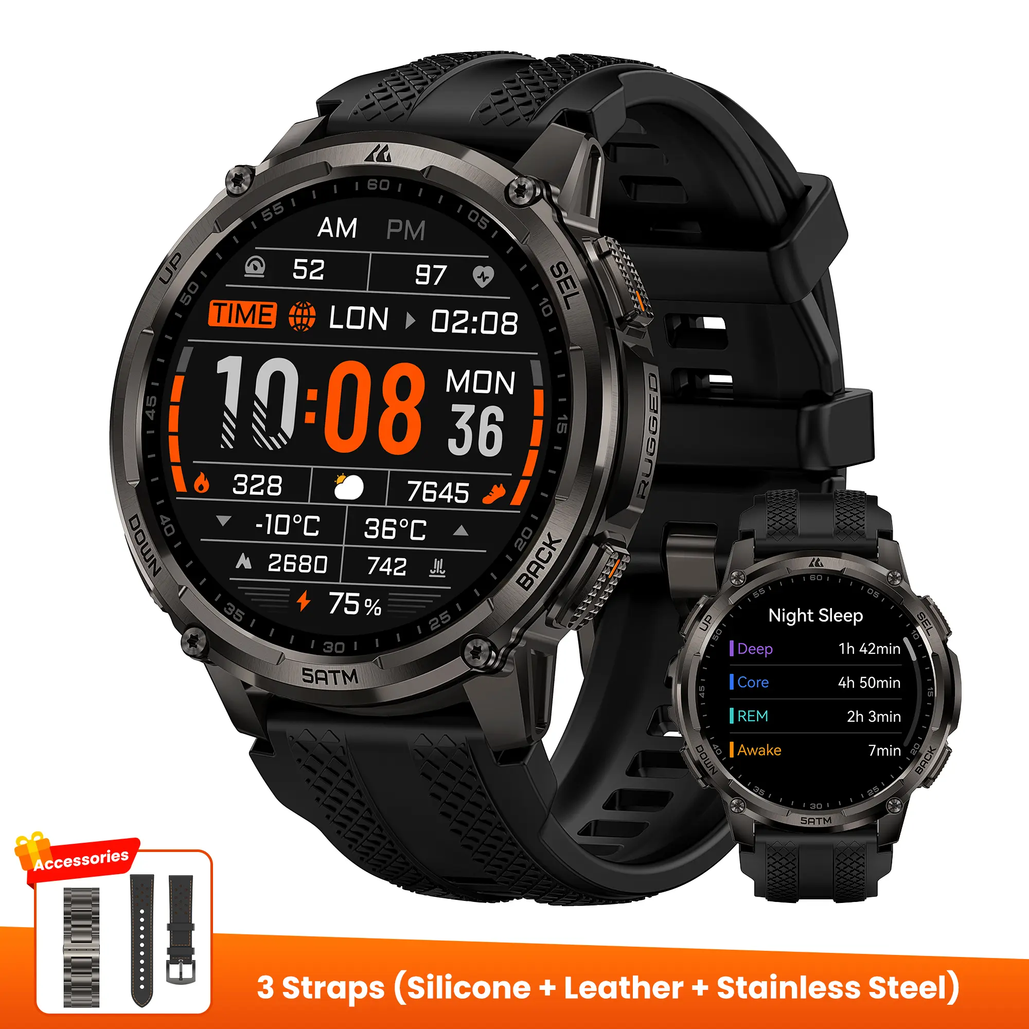 Black+Stainless Steel Strap +Leather Strao