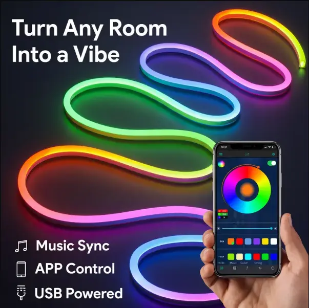RGBIC Smart Neon LED Light Strip (5M/10M), Bluetooth APP & Remote Controlled Color-Changing Mood Lights with Music Sync, Self-Adhesive USB-Powered for Bedroom, Gaming Room Decor