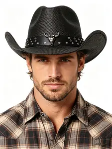 Western Style Straw Cowboy Hat, Rivet Bull Head Decoration, Outdoor Sunshade Hat, American Vintage Wide Brim Hat, Western Travel Straw Hat, Cowboy Accessories