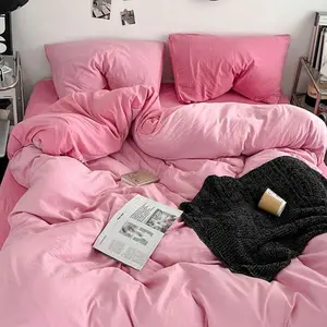 3pcs Light Pink And Dark Pink Color Block Brushed Bedding Set Including Duvet Cover And Pillowcases