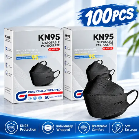 KN95 Disposable Face Masks (50pcs) - 4-Layer Non-Woven Fabric, 3D Fish-Shaped, 95% Filtration Efficiency, Breathable, Soft Earloops, PM2.5 Protection, Dustproof, for Adults' Casual, Wedding, Business, Engagement Use