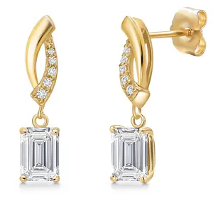 Gem Stone King 14K Yellow Gold Gemstone Birthstone and Lab Grown Diamond Dangle Earrings for Women | Emerald Cut 6X4MM and Round 1MM | Fine Jewelry Gift for Her Mom Women Wife