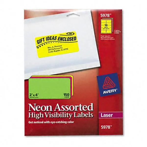 Avery Neon Rectangular Laser Labels for Laser Printer, 2x4 in Paper Labels, Assorted Fluorescent Colors, 150-Pack for Labeling Needs