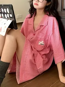 Casual Peach Striped Cotton Blend Sleepwear Set, Rabbit Print Button Front Top, Elastic Waist Shorts, Loose Fit Spring Summer Home Wear