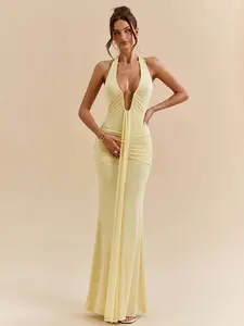 JADEE Elegant Yellow Cream Sexy Deep V Neck Dress Spring Summer Wedding Guest Formal Party Dress for Women