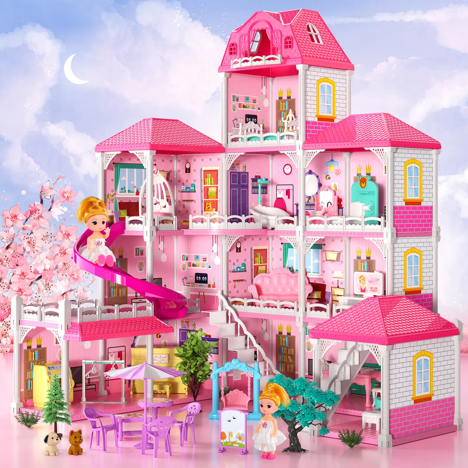 DIY Castle Dollhouse with Dolls, Pets, Furniture Accessories - Pretend Play Doll Playsets, Christmas Birthday Gifts for Kids