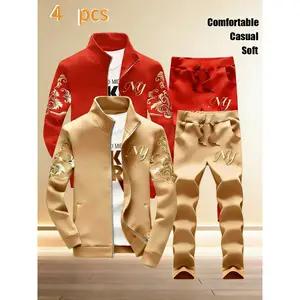 Men's Stand-Collar Zipper Tracksuit - Stylish NY Embroidered Pattern, 4-Piece Casual Sports Set