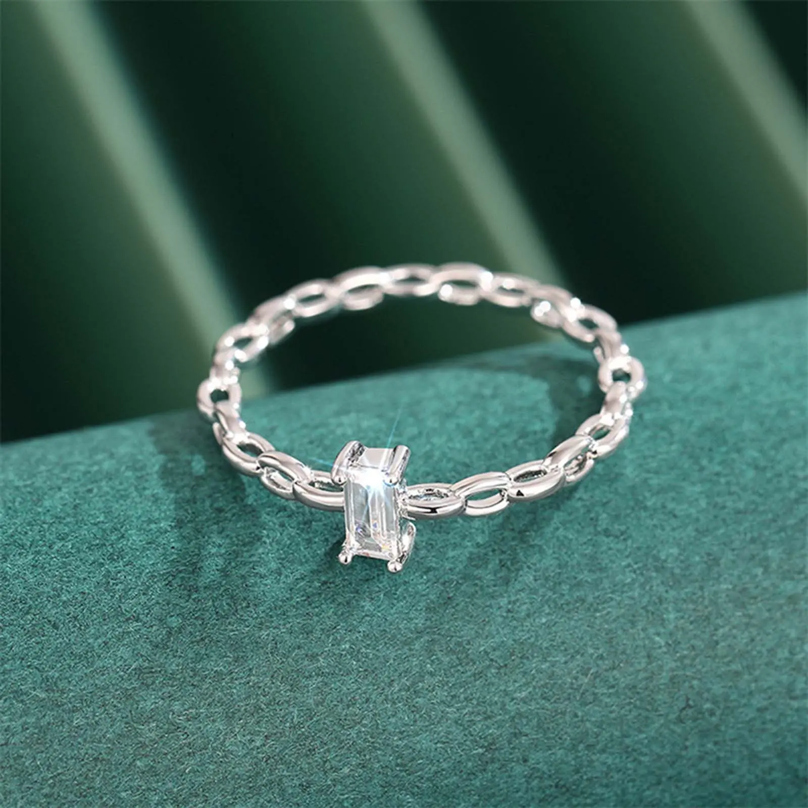 Geometric Open Link Zircon Ring – Stackable Rectangle Band for Women, Minimalist Daily Party Jewelry Gift