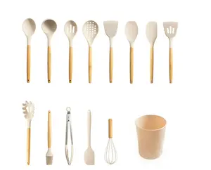Eco-Friendly 14-Piece Bamboo & Silicone Utensil Set Durable Kitchen Tools for Everyday Cooking Includes Spoons Spatulas and Whisks