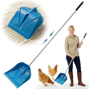 Chicken Poop Scooper & Rake 2-in-1, Adjustable Handle Length from 38" to 66", Features Manure Sifting Capability - Ideal for  and Farm  Cleaning (Blue)