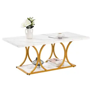 VEVOR Large Size Rectangle Shape Faux Marble Coffee Table, 2-Tier Storage Tier with Geometric Metal Tubes Frame, Adjustable Ft, Minimalist Sturdy Accent End Desk for Living Room, Office, Easy Assembly, White, Adjustable Feet