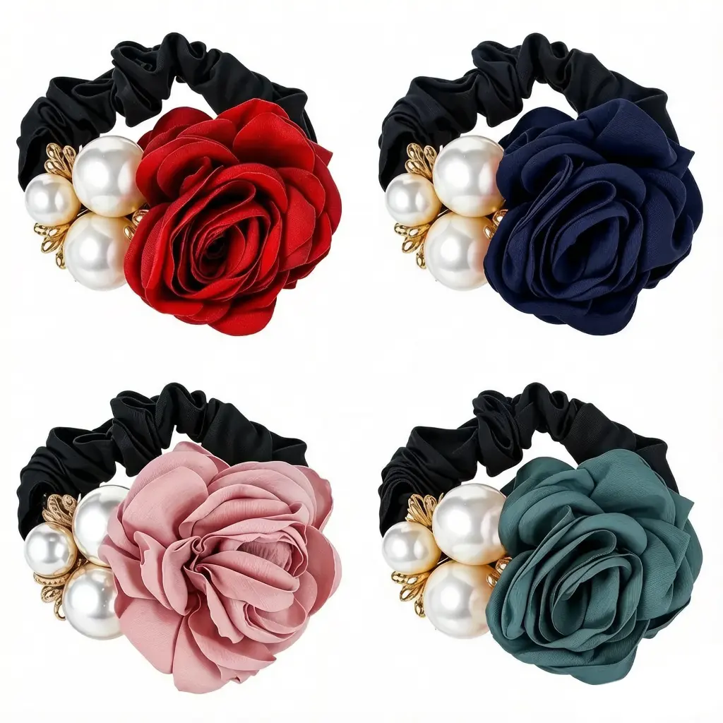 4 PCS Women's Hair Accessory Set - Rose Flower Rhinestone Pearl Headbands, Elastic Scrunchies Ponytail Holders for Daily Hairstyling
