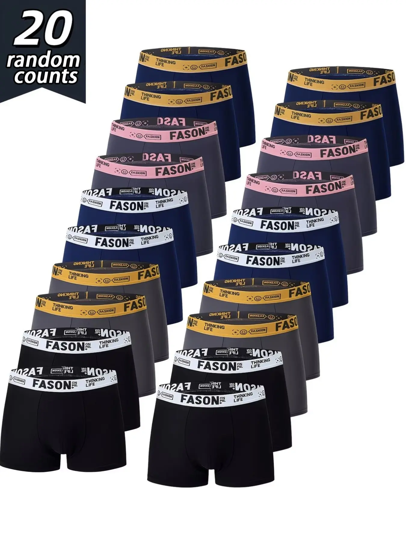 20 pcs random men's solid color flat cornered stretchy boxer briefs pack, Elastic waistband, quick drying, comfortable men's underwear, Suitable for casual wear at home, fashionable men's underwear, Soft and suitable for all seasons
