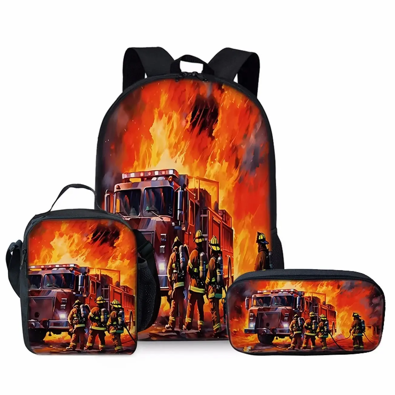 Three-Piece Set of Black Backpack with Fire Truck And Firefighter Extinguishing Fire Prints, for Teenager, For Teenager