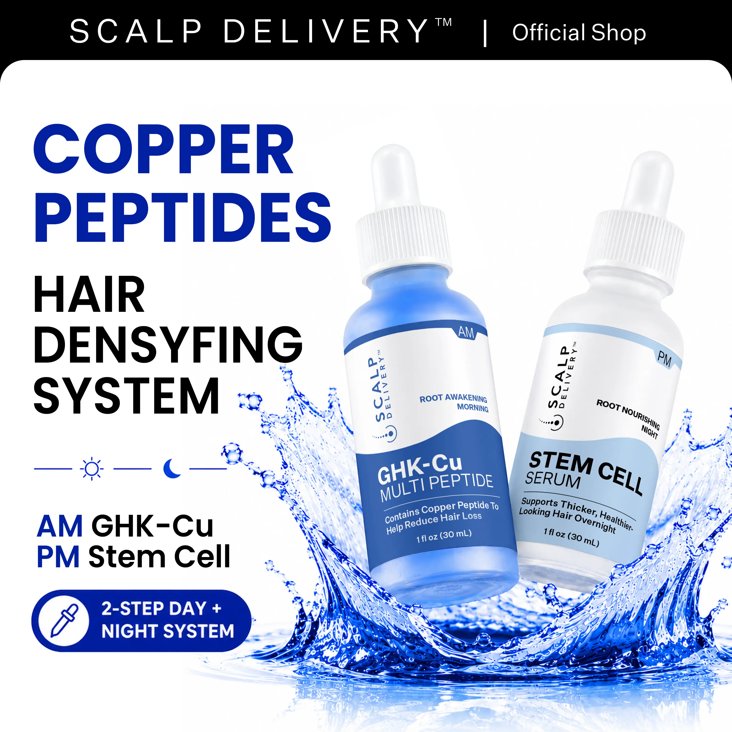 Scalp Delivery AM + PM Hair Growth Serum Duo – Thicker-Looking Hair & Healthy Scalp | 24-Hour Haircare with Copper Peptides (GHK-Cu) & Stem Cell