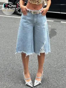 Women's Trendy Ripped Raw Hem Jeans Mid-Thigh Pants, Fashion Fitted Denim Fabric Shorts, All Seasons Plain Button Fly, Casual Style Womenswear Bottom