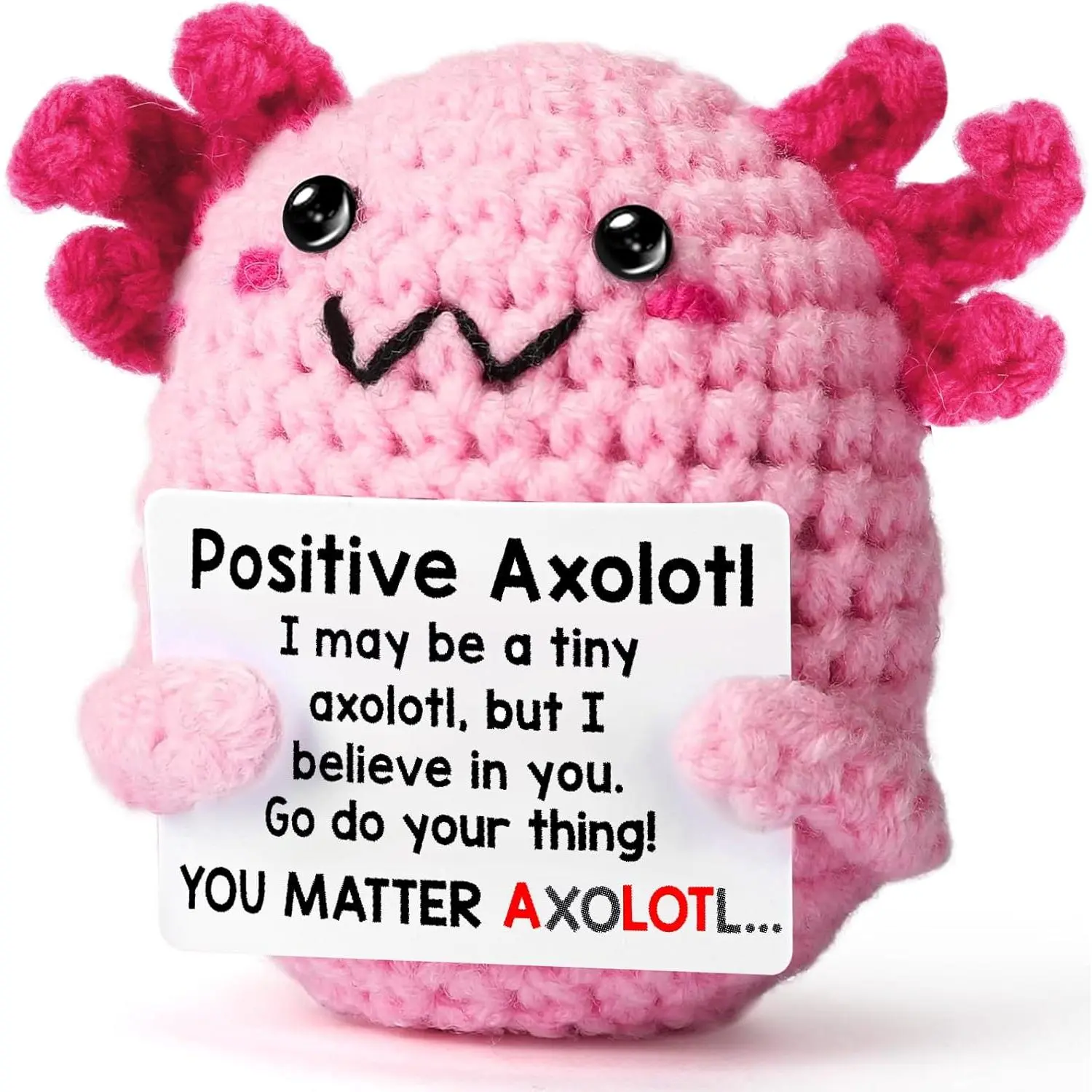 Amigurumi Crochet Pink Positive Axolotl Stuffed Animal - Soft Adorable Stuffed Toy, Motivational Message, Emotional Support Unique Coworker Gift, Party & Home Decor