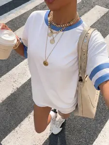 Women's Ringer T-Shirt, Breathable Casual Streetwear OOTD, Oversized Crew Neck Contrast Trim Tee, Soft Comfy Basic Top for Daily Preppy Summer Outfit, Retro, Vintage Style Top, Trendy Versatile Daily Wear for Ladies