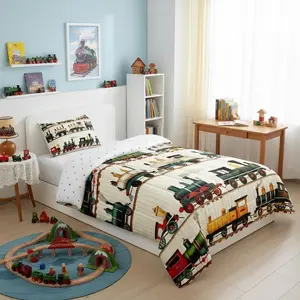 Vintage Train Comforter Set,Retro Steam Engine Bedding for Boys Girls Colorful Steam Locomotive Train Bedding Set,Transportation Vehicle Train Duvet Insert