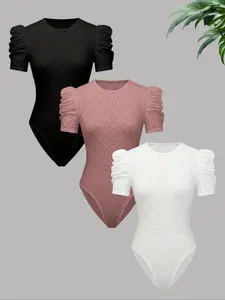 Women's Solid Ruched Puff Sleeve Bodysuit, Elegant Fashion Casual Hollow Out Round Neck Bodysuit for Daily Outdoor Wear, Bodysuits for Women, Women Clothing for Fall, Trendy Bodysuit for Fall
