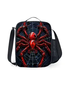 Red Spider Pattern Printed Shoulder Strap Insulated Lunch Bag