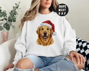 Hand-Painted Golden Retriever Sweatshirt, Christmas Dog Sweater, Dog Mom Gift, Festive Xmas Hoodie