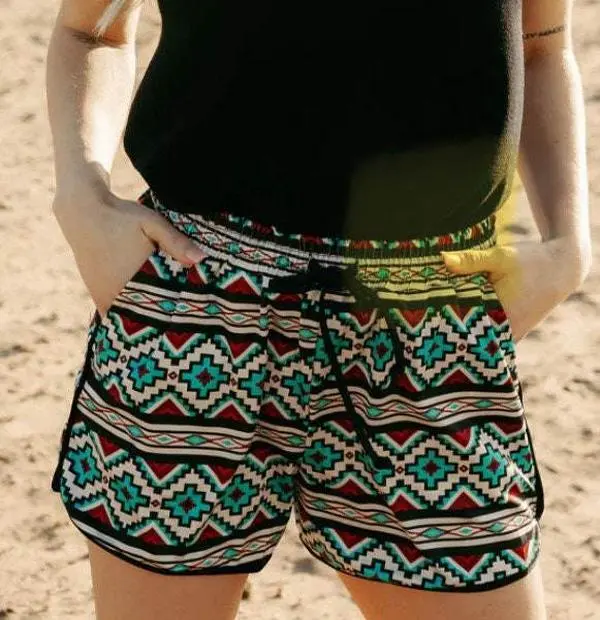 Women's Fitted Aztec Pattern Polyester-Spandex Shorts - Adjustable Waistband, Pockets, Geometric Design for Party Wear