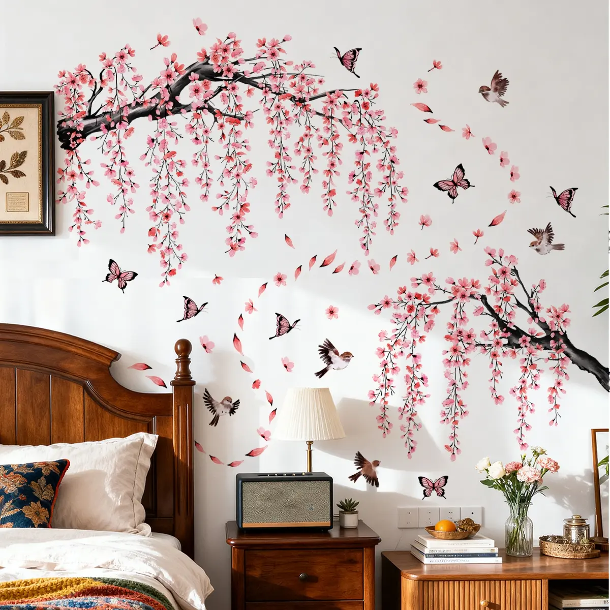 Set of 2 Peach Tree Bird Butterfly Wall Stickers, Decorative Wall Sticker, Wall Decal, 30x90cm, Bedroom Living Room Bathroom Background Decor, Home Decoration M17590