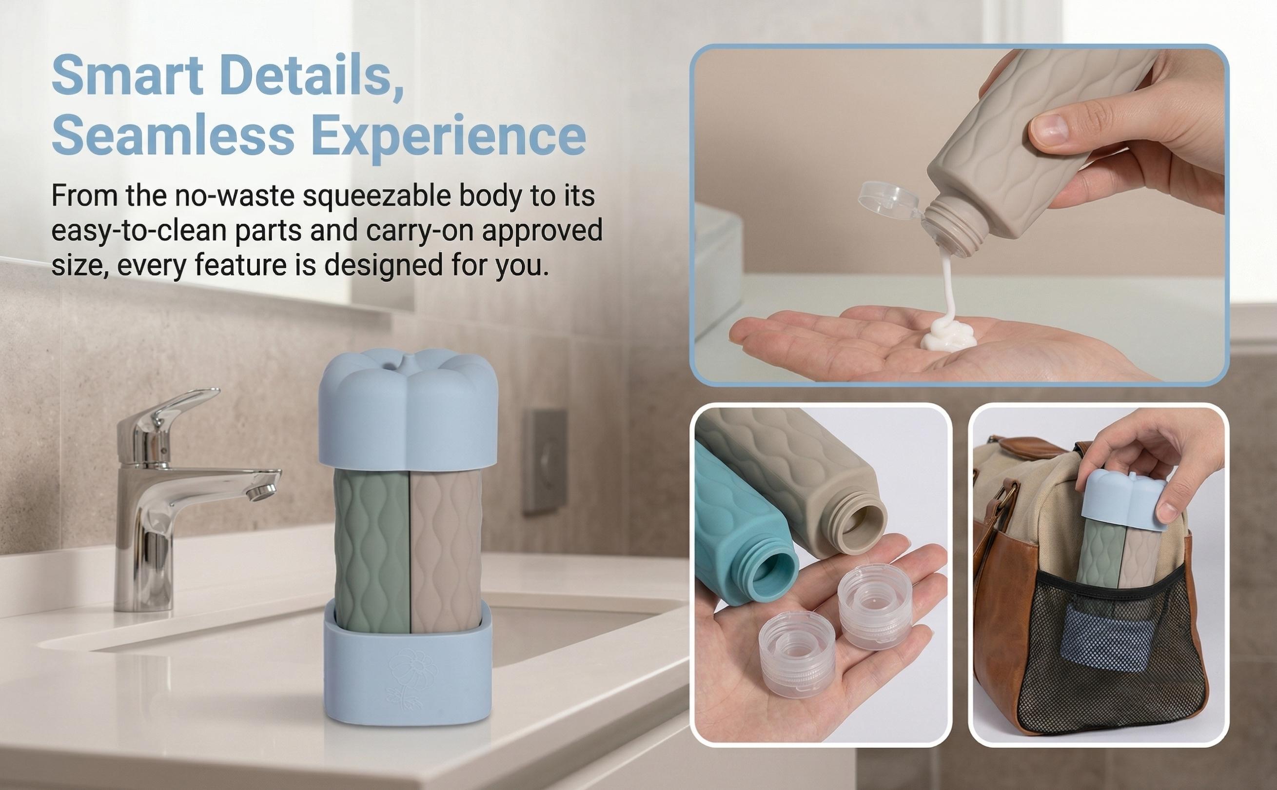 Silicone Travel Bottle Set 4 in 1 Leak Proof Refillable Travel Containers TSA Approved Squeezable Toiletry Bottles for Shampoo Lotion Liquid Soap Essentials for Gym and Vacation