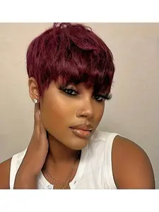 Pixie wig with short, layered human hair, suitable for women. Features bangs, no glue required, fully machine-woven, burgundy 99J color. Easy to wear and suitable for everyday wear.